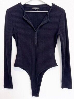 Free The Roses Ribbed Knit Henley Bodysuit Black Size Large‎